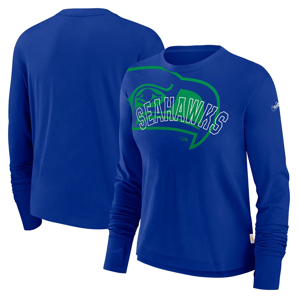 Women's Nike Royal Seattle Seahawks Layered Logo Cropped Long Sleeve Fashion T-Shirt