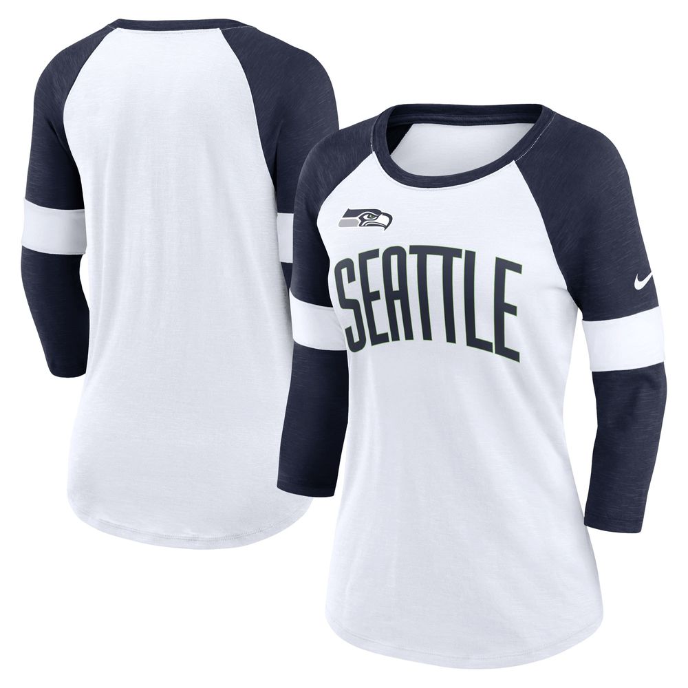 Women's Nike White/College Navy Seattle Seahawks Football Pride Slub - 3/4 Raglan Sleeve T-Shirt