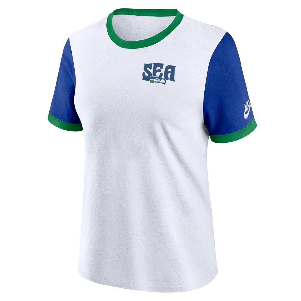 Women's Nike White/Royal Seattle Seahawks Rewind Ringer T-Shirt