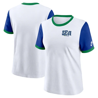 T-shirt Nike pour femme blanc/royal Seattle Seahawks Rewind Ringer