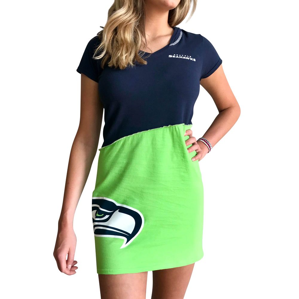 Women's Refried Apparel Navy/Neon Green Seattle Seahawks Sustainable Hooded Mini Dress