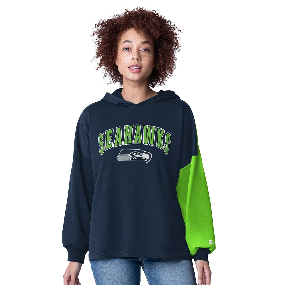 Women's Starter College Navy Seattle Seahawks Power Move Long Sleeve Pullover Hoodie