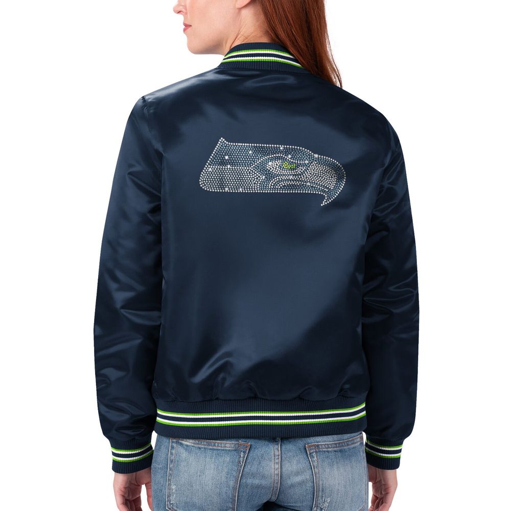 Women's Starter College Navy Seattle Seahawks Line Up Satin Full-Snap Varsity Jacket