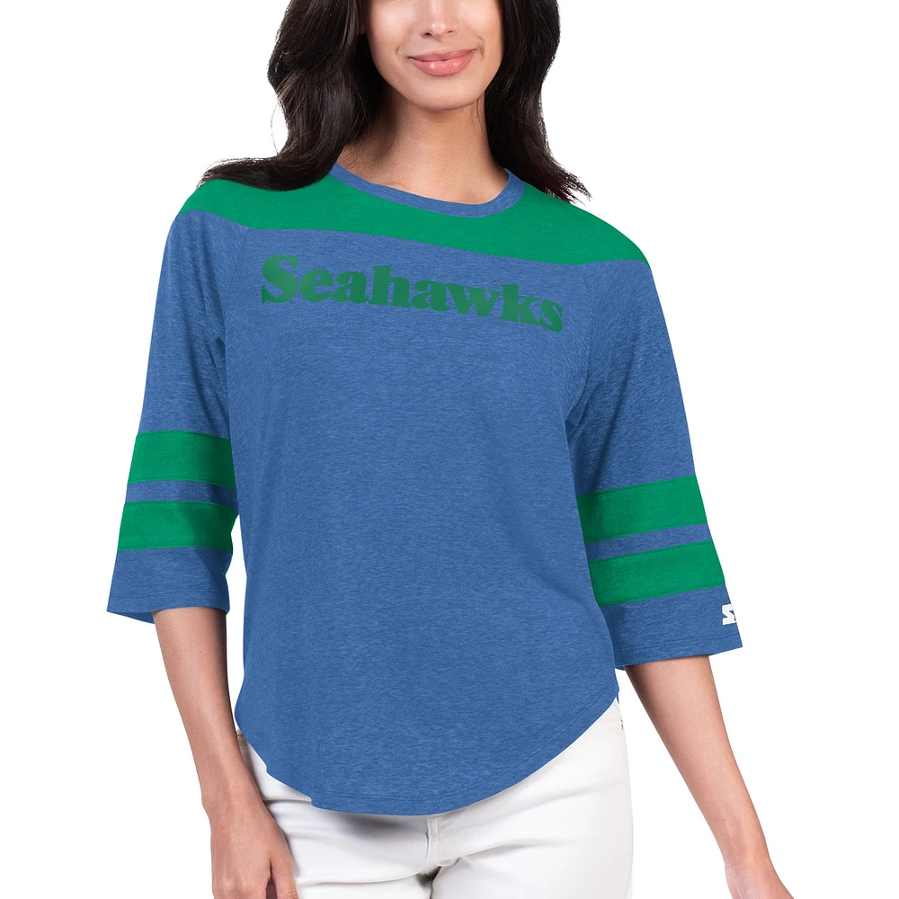 Women's Starter Royal Seattle Seahawks Fullback Tri-Blend 3/4-Sleeve T-Shirt