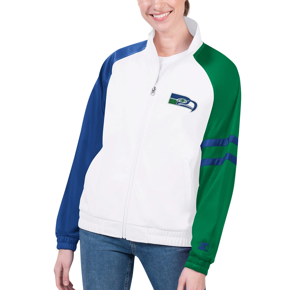 Veste de survêtement entièrement zippée Starter White Seattle Seahawks Curve Ball Raglan pour femmes