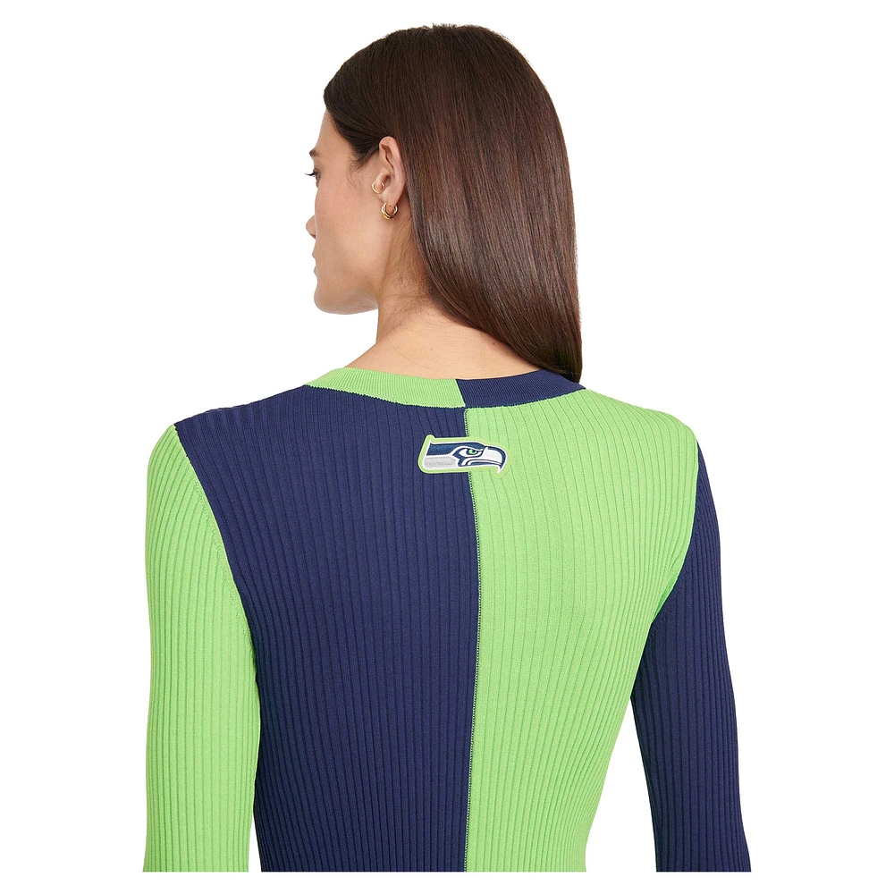 Women's STAUD Neon Green/Navy Seattle Seahawks Shoko Knit Button-Up Sweater Dress