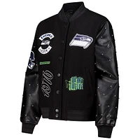 Women's The Wild Collective Black Seattle Seahawks Varsity Full-Snap Sparkle Jacket