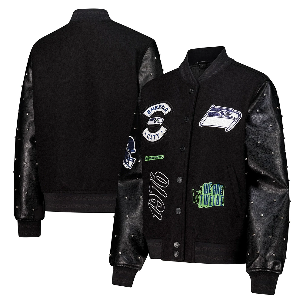 Women's The Wild Collective Black Seattle Seahawks Varsity Full-Snap Sparkle Jacket