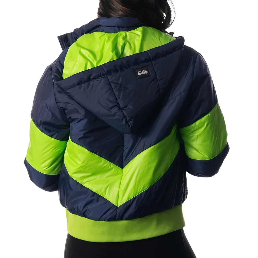 Women's The Wild Collective College Navy Seattle Seahawks Puffer Full-Zip Hoodie