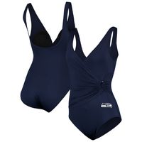 Women's Tommy Bahama College Navy Seattle Seahawks Pearl Clara Wrap One-Piece Swimsuit