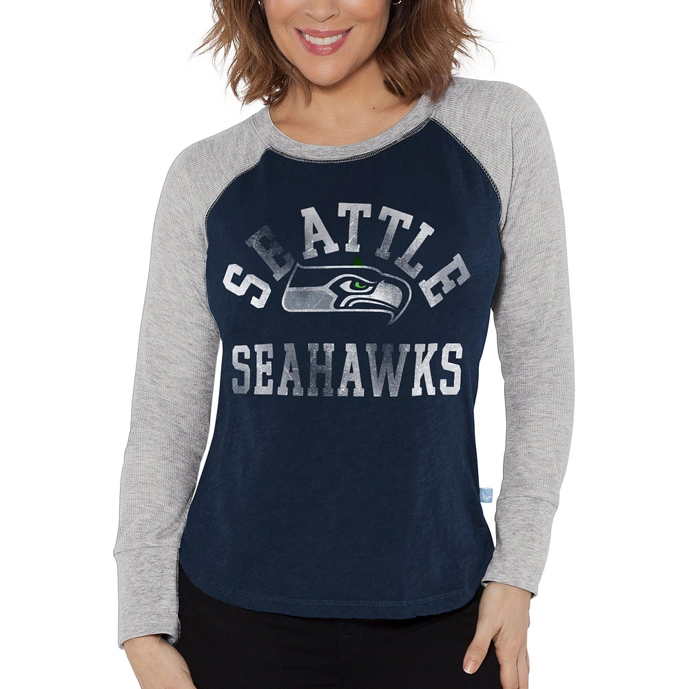 T-shirt léger à manches longues raglan gaufré bleu marine pour femme Touch College Seattle Seahawks