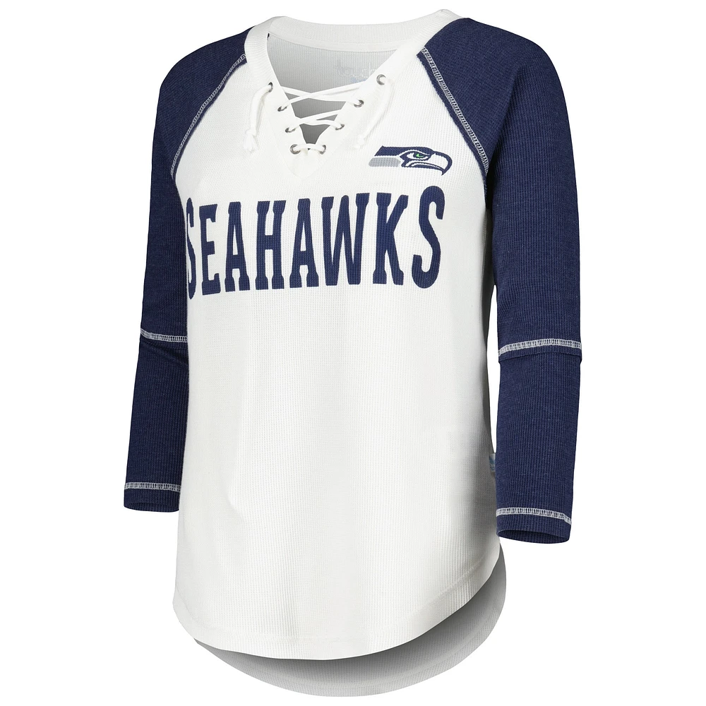 Women's Touch White/Navy Seattle Seahawks Rebel Raglan Tri-Blend 3/4-Sleeve Lace-Up V-Neck T-Shirt