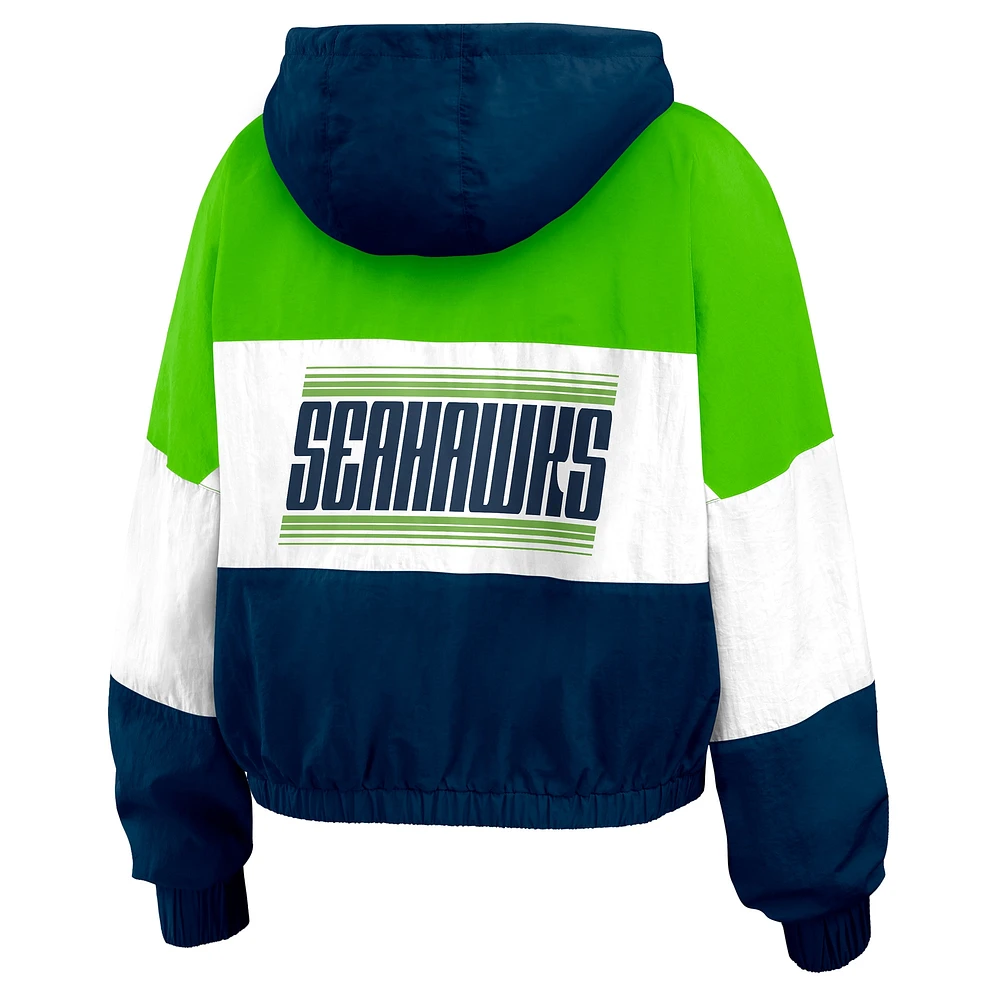 Women's WEAR by Erin Andrews College Navy/Neon Green Seattle Seahawks Plus Color Block Full-Zip Windbreaker Jacket