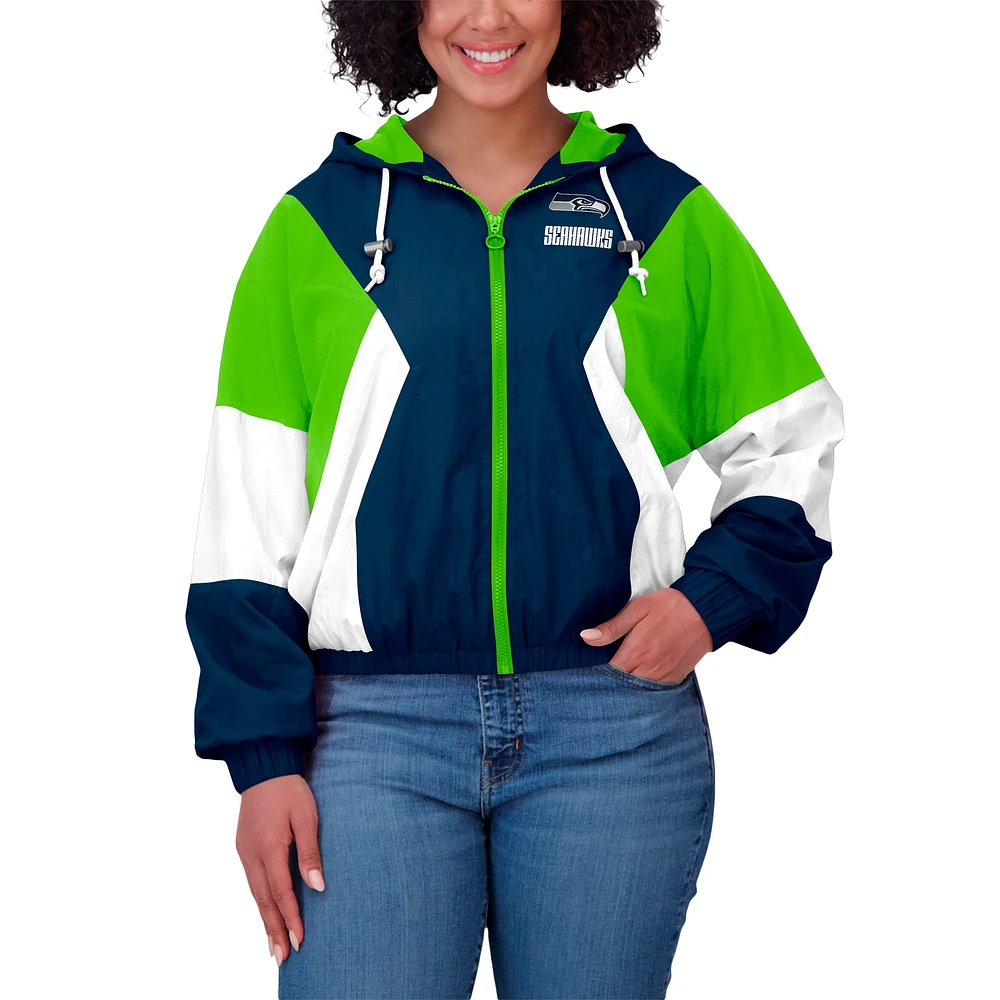 Women's WEAR by Erin Andrews College Navy/Neon Green Seattle Seahawks Plus Color Block Full-Zip Windbreaker Jacket