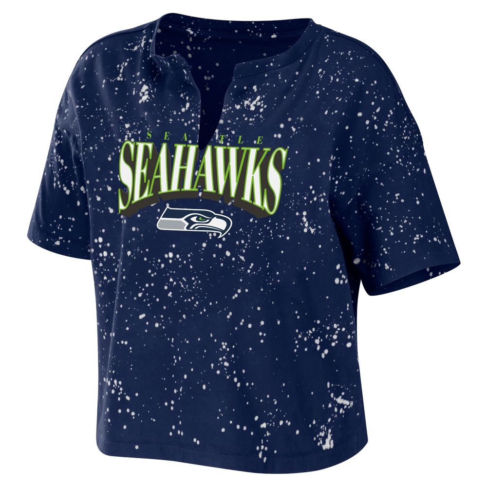 Women's WEAR by Erin Andrews College Navy Seattle Seahawks Bleach Wash Splatter Notch Neck Cropped T-Shirt