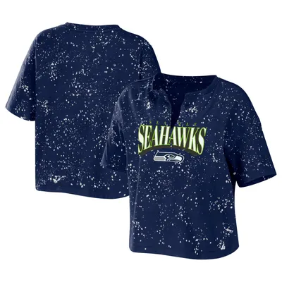 Women's WEAR by Erin Andrews College Navy Seattle Seahawks Bleach Wash Splatter Notch Neck T-shirt court