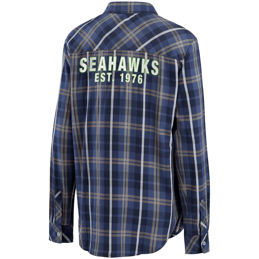 WEAR by Erin Andrews Women's WEAR By Erin Andrews College Navy Seattle  Seahawks Button-Up Plaid Long Sleeve Shirt