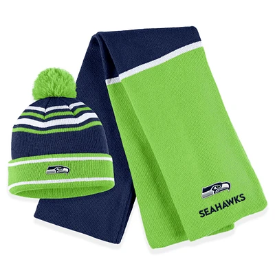 Ensemble bonnet à revers colorblock en tricot bleu marine avec pompon et écharpe pour femme WEAR by Erin Andrews College Navy des Seattle Seahawks