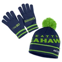 Ensemble bonnet à revers en tricot double jacquard avec pompon et gants pour femme WEAR by Erin Andrews College Navy Seattle Seahawks