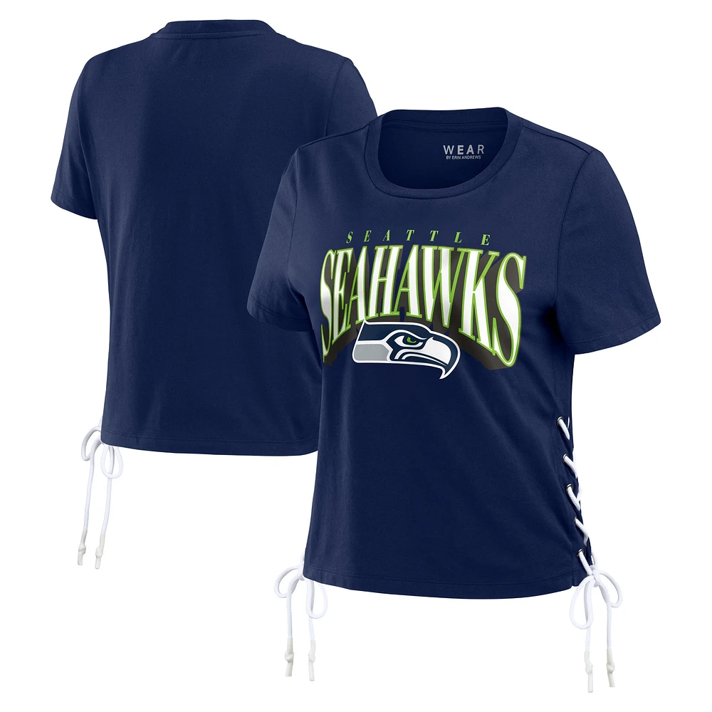 Women's WEAR by Erin Andrews College Navy Seattle Seahawks Lace Up Side Modest Cropped T-Shirt