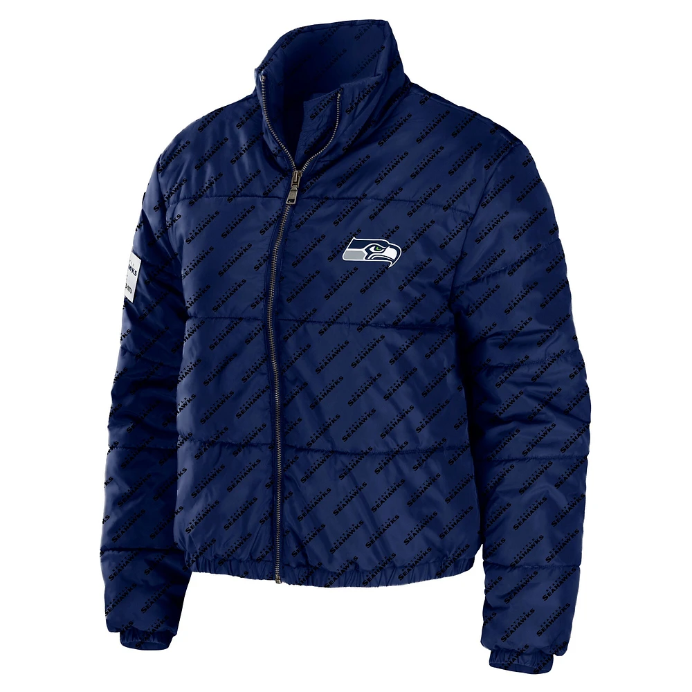 Women's WEAR by Erin Andrews College Navy Seattle Seahawks Puffer Full-Zip Cropped Jacket