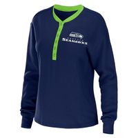 Women's WEAR by Erin Andrews College Navy Seattle Seahawks Waffle Henley Long Sleeve T-Shirt