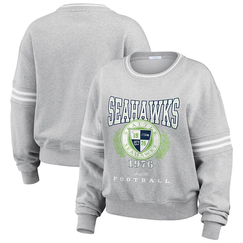 Women's WEAR by Erin Andrews Heather Gray Seattle Seahawks Crest Cropped Pullover Sweatshirt