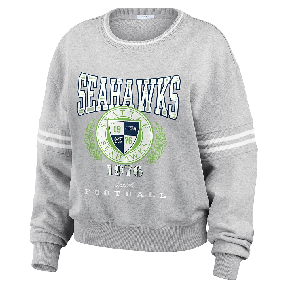 Women's WEAR by Erin Andrews Heather Gray Seattle Seahawks Crest Cropped Pullover Sweatshirt