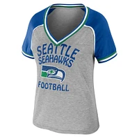 Women's WEAR by Erin Andrews Heather Gray Seattle Seahawks Cropped Raglan Throwback V-Neck T-Shirt