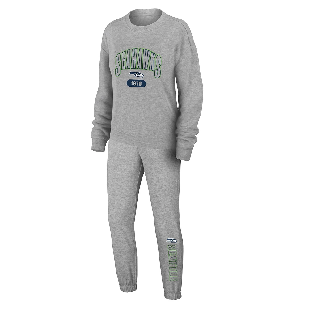 Women's WEAR by Erin Andrews Heather Gray Seattle Seahawks Knit Long Sleeve Tri-Blend T-Shirt & Pants Sleep Set