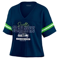 Women's WEAR by Erin Andrews Navy Seattle Seahawks Color Block Boxy Modest Crop V-Neck T-Shirt