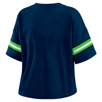 Women's WEAR by Erin Andrews Navy Seattle Seahawks Color Block Boxy Modest Crop V-Neck T-Shirt