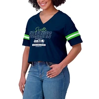 Women's WEAR by Erin Andrews Navy Seattle Seahawks Color Block Boxy Modest Crop V-Neck T-Shirt