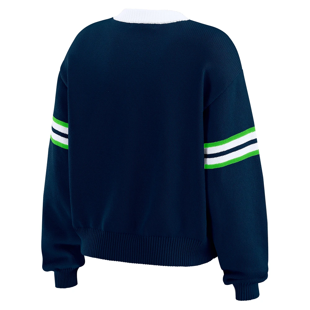 Women's WEAR by Erin Andrews Navy Seattle Seahawks Lace-Up Pullover Sweatshirt