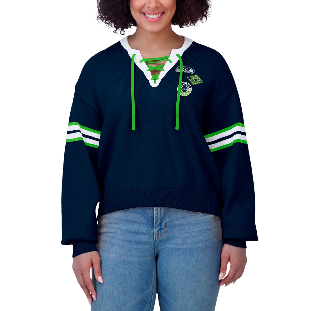 Women's WEAR by Erin Andrews Navy Seattle Seahawks Lace-Up Pullover Sweatshirt