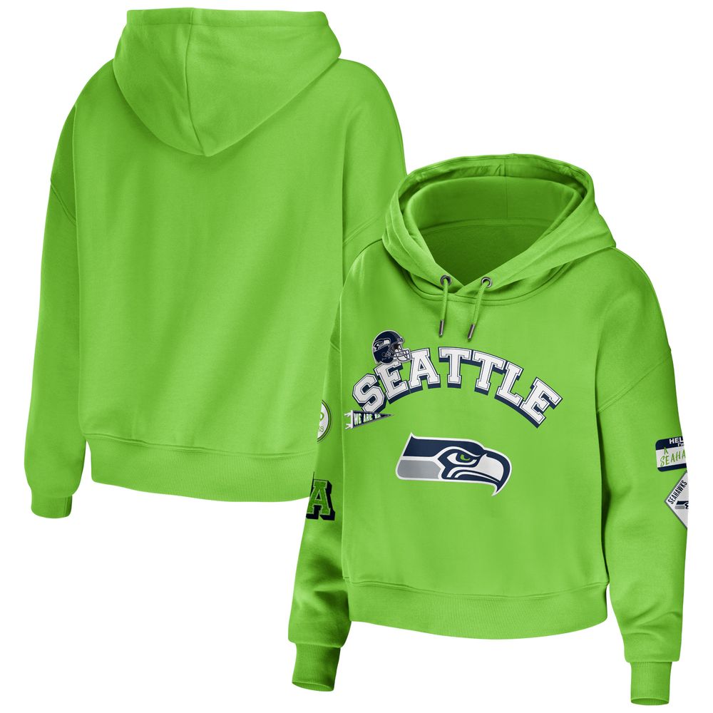 Women's WEAR by Erin Andrews Neon Green Seattle Seahawks Modest Cropped Pullover Hoodie