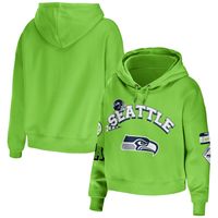 Women's WEAR by Erin Andrews Neon Green Seattle Seahawks Plus Modest Cropped Pullover Hoodie