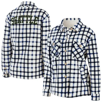 Seattle Seahawks WEAR by Erin Andrews Women's Plaid Button-Up Shirt Jacket - Oatmeal/College Navy