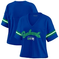 Women's WEAR by Erin Andrews Royal Seattle Seahawks Color Block Boxy V-Neck T-Shirt