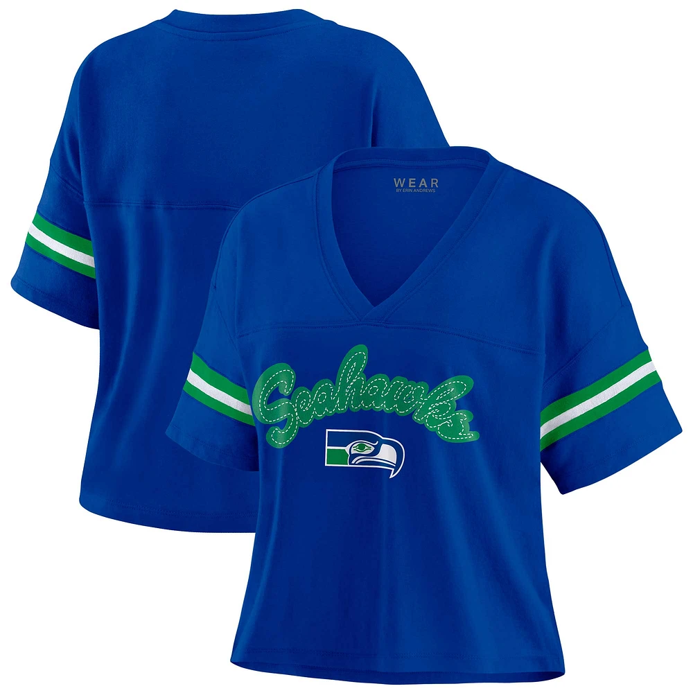 Women's WEAR by Erin Andrews Royal Seattle Seahawks Plus Color Block Boxy V-Neck T-Shirt