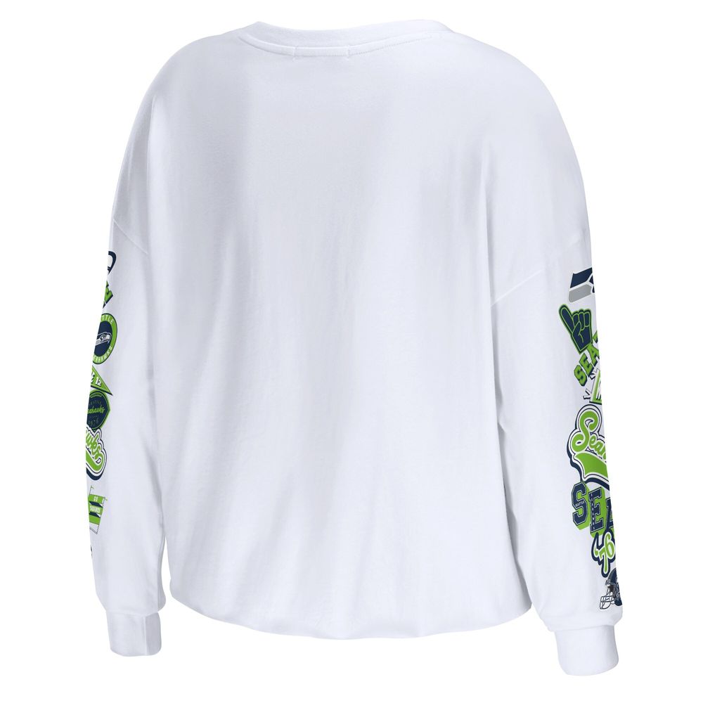 Women's WEAR by Erin Andrews White Seattle Seahawks Celebration Cropped Long Sleeve T-Shirt