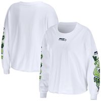 Women's WEAR by Erin Andrews White Seattle Seahawks Celebration Cropped Long Sleeve T-Shirt