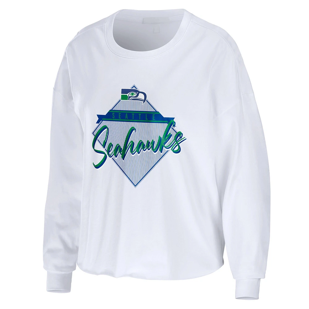 Women's WEAR by Erin Andrews White Seattle Seahawks Domestic Cropped Long Sleeve T-Shirt