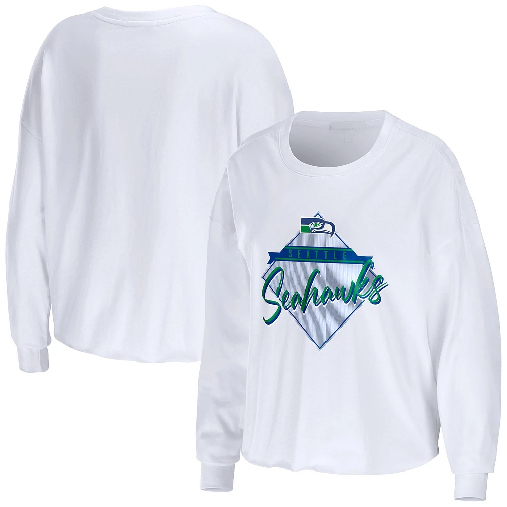 Women's WEAR by Erin Andrews White Seattle Seahawks Domestic Cropped Long Sleeve T-Shirt