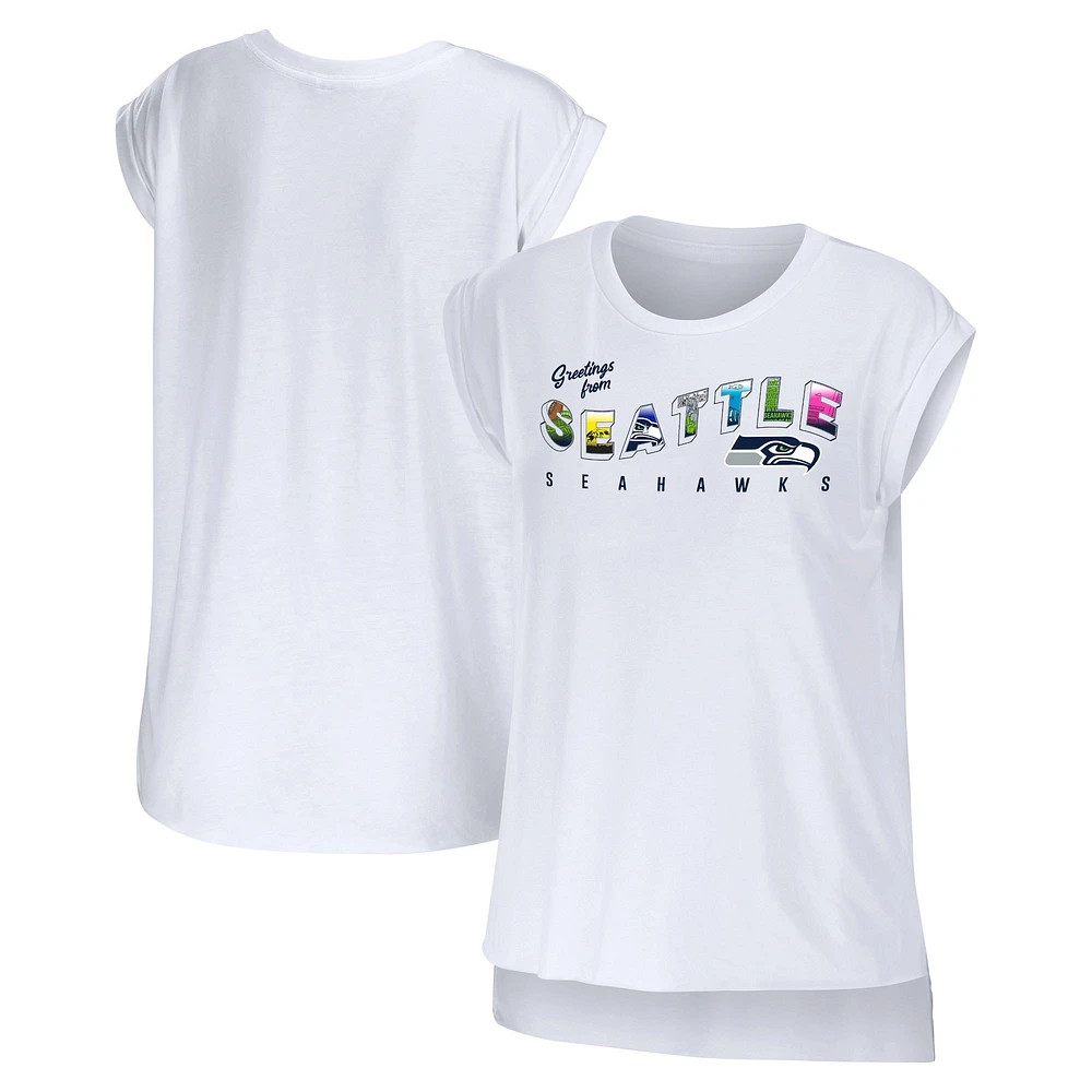 Women's WEAR by Erin Andrews White Seattle Seahawks Greetings From Muscle T-Shirt