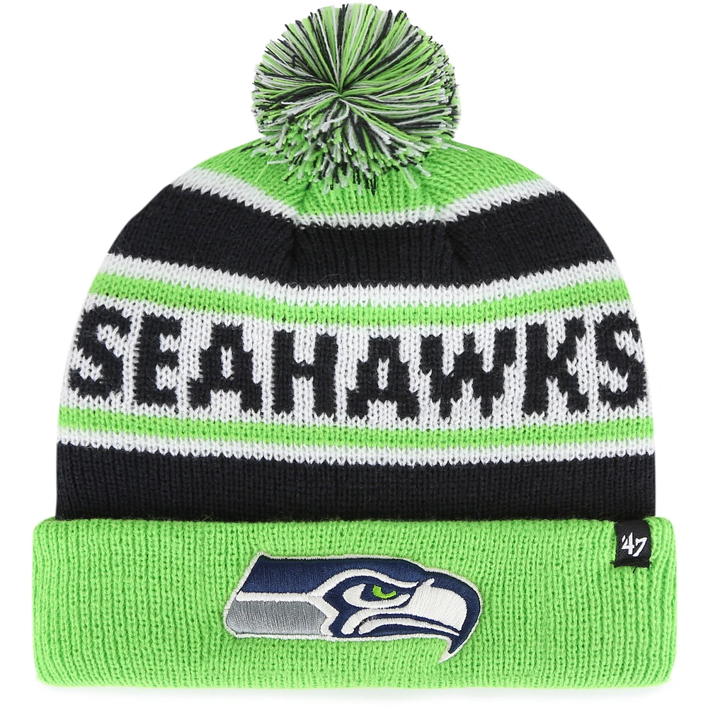 Bonnet en tricot à revers Hangtime Seattle Seahawks '47 College Navy/Neon Green pour jeune avec pompon