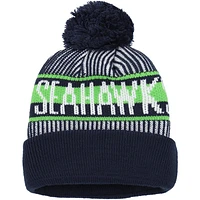 Bonnet en tricot rayé à revers pour jeunes New Era College Navy Seattle Seahawks avec pompon