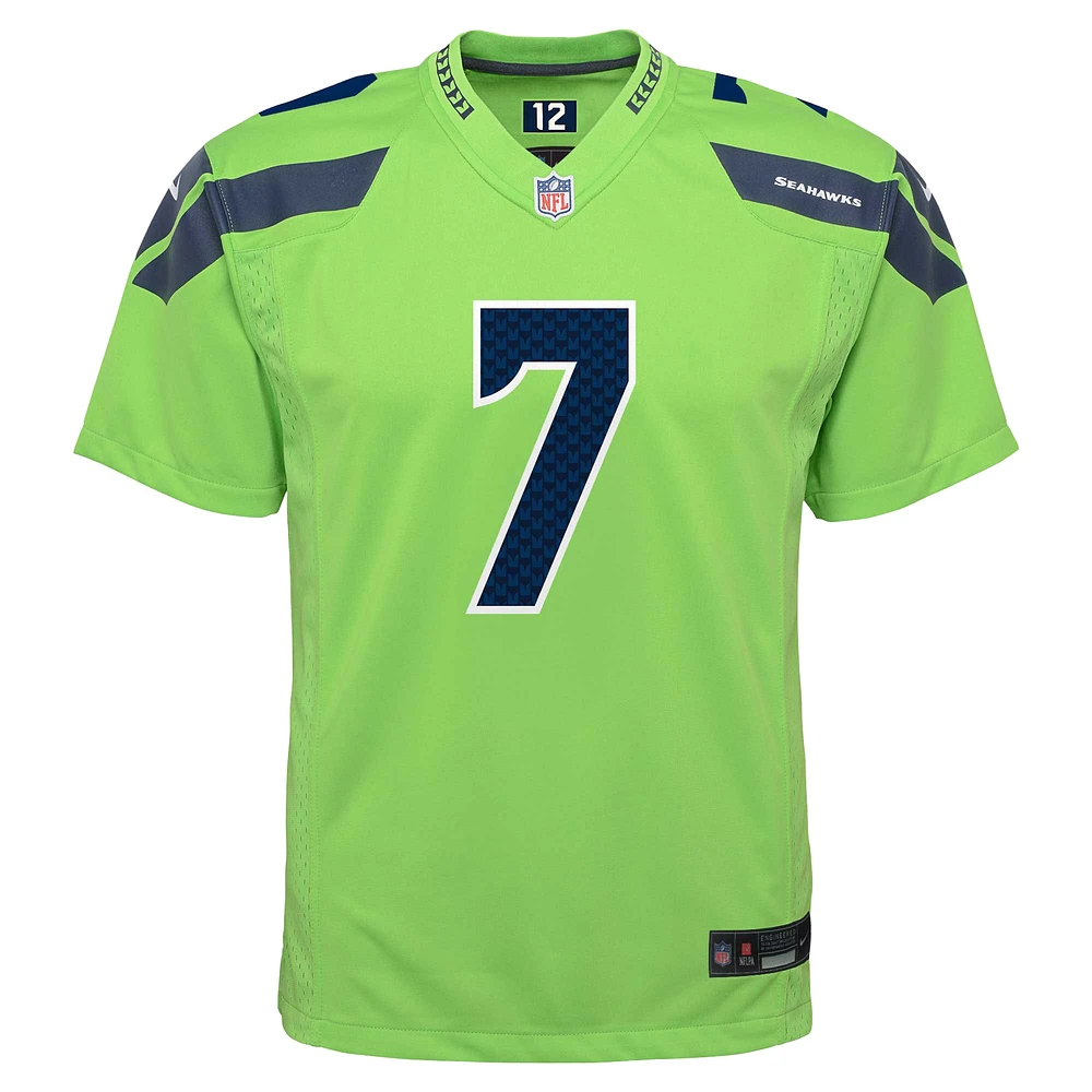 Maillot de jeu joueur alternatif Nike Geno Smith pour jeunes des Seattle Seahawks, vert fluo