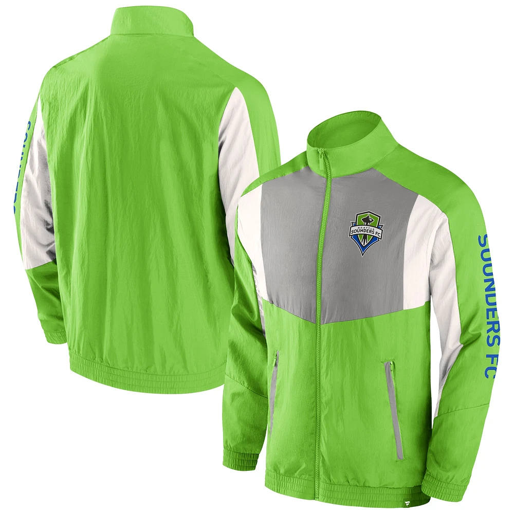 Veste de survêtement raglan à fermeture éclair intégrale Seattle Sounders FC Net Goal marque Fanatics vert rave pour homme