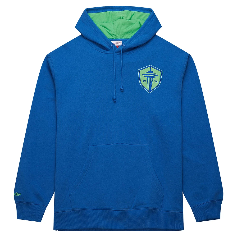 Sweat à capuche en polaire bleu Mitchell & Ness Seattle Sounders FC Crest pour hommes